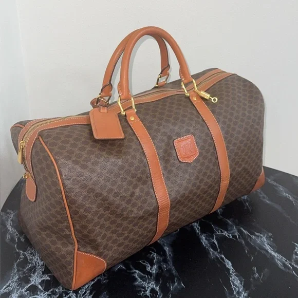 CELINE Macadam Pattern BostonTravel Duffle Bag Leather PVC Brown +Lock AUTHENTIC - Picture 10 of 16